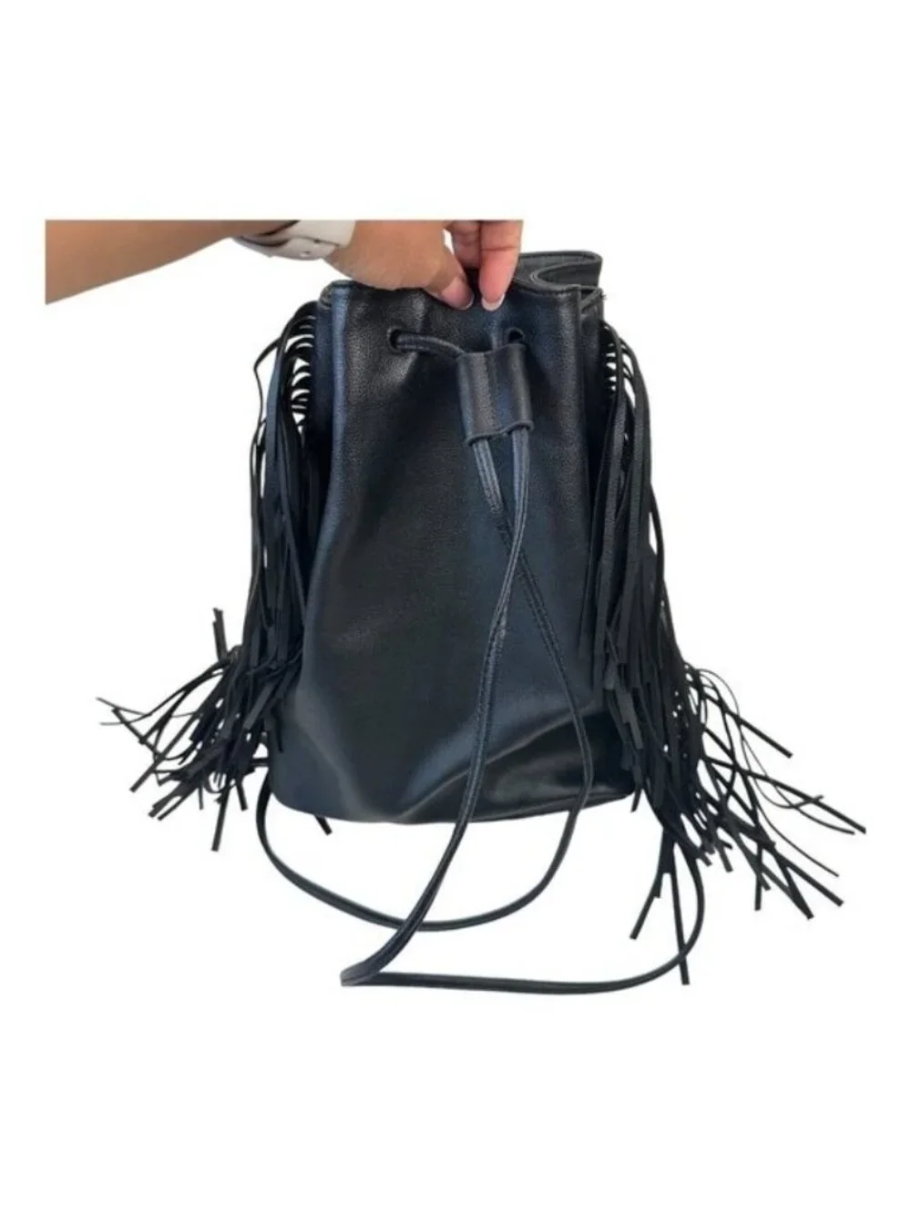 Victoria's Secret Backpack Solid Black Faux Suede Fringed Drawstring Bag Purse